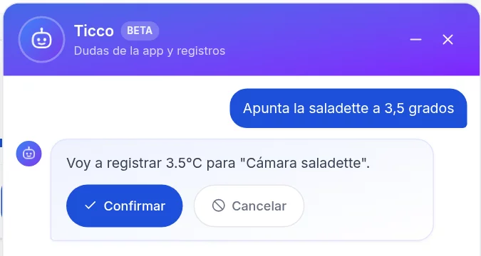 Ticco pide confirmación antes de registrar 3,5 °C en la cámara saladette