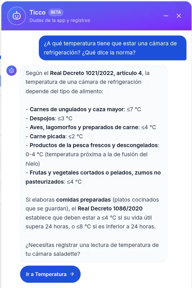 Ticco responde a qué temperatura debe estar una cámara citando el Real Decreto 1021/2022