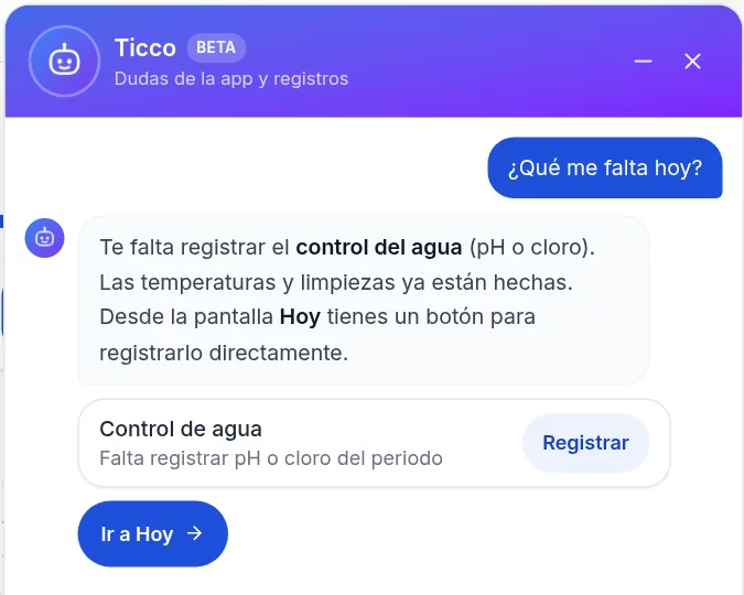 Ticco en la app: responde qué registros faltan hoy y ofrece registrarlos